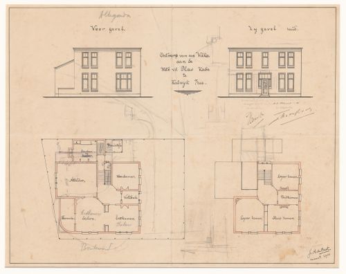 Site plan, ground and first floor plans and principal and south elevations for Villa Sigrid annotated with revisions by J.J.P. Oud for Villa Allegonda, Katwijk aan Zee, Netherlands