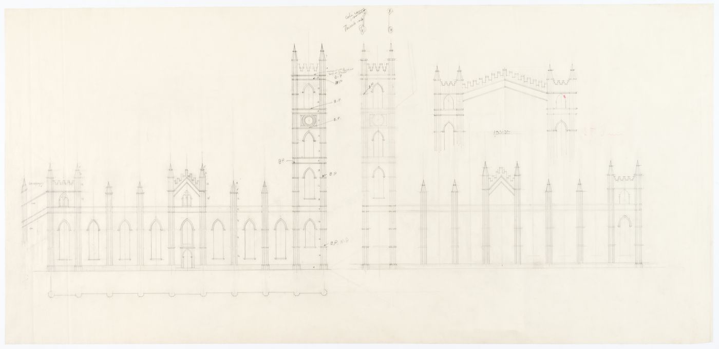 Partial plan and lateral elevations of Notre-Dame de Montréal, apparently for the renovations of 1929-1949