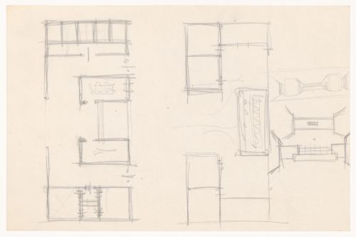 Sketch plans and perspective sketch for a campus building, possibly for the Commons Building for Illinois Institute of Technology