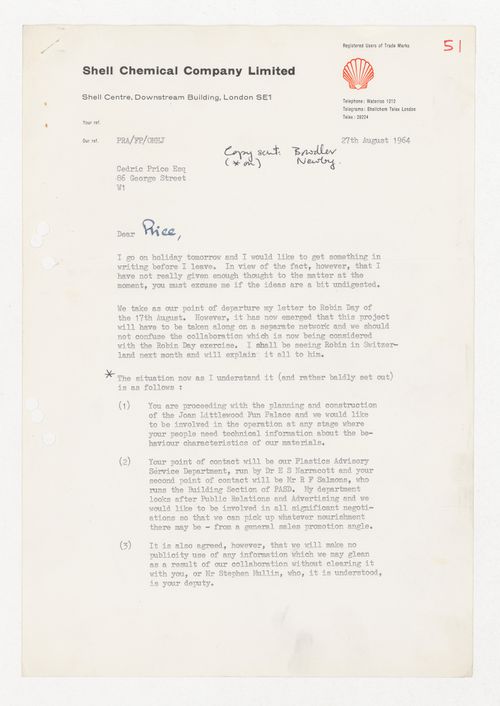 Letter from Shell Chemical Company to Cedric Price regarding the Fun Palace Project