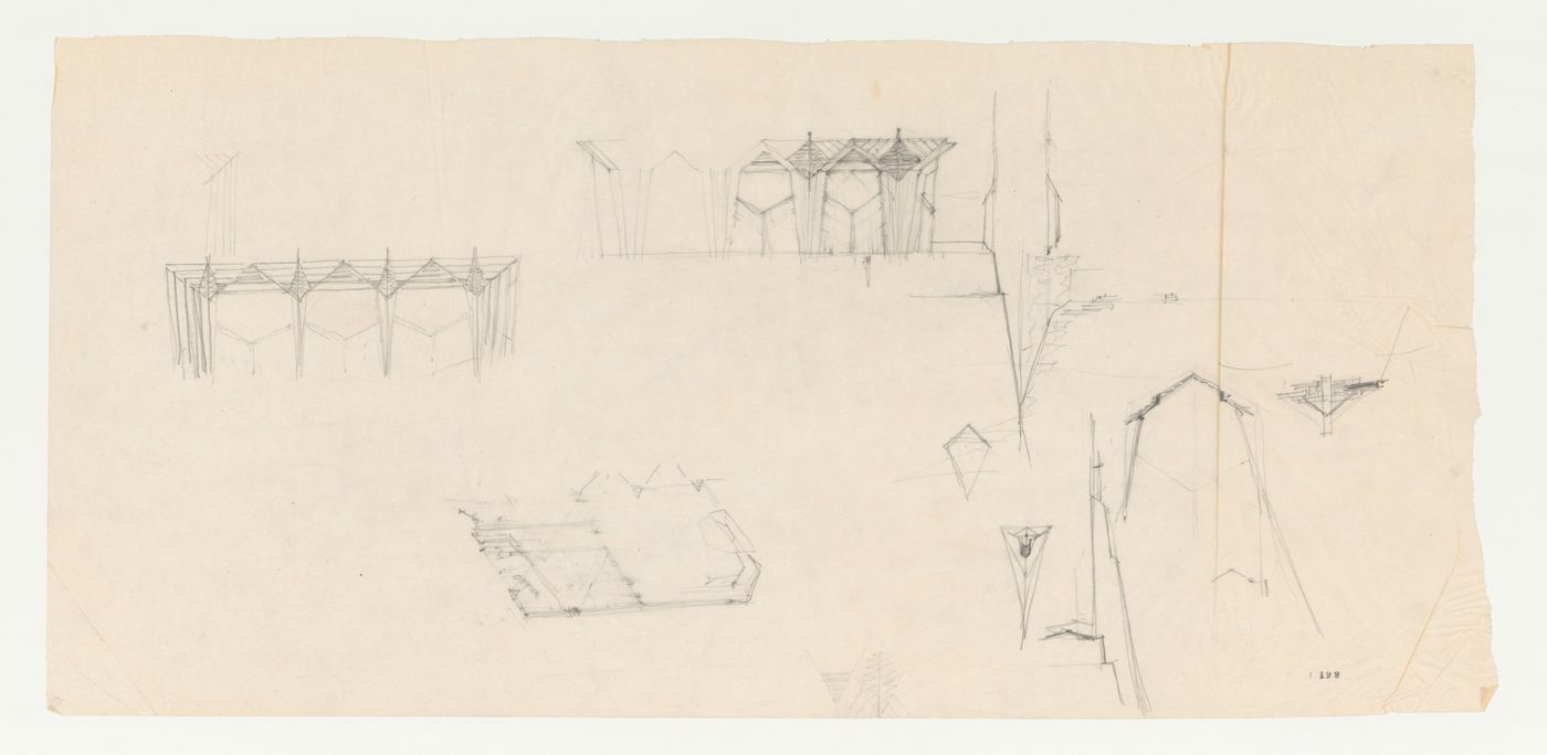 Wayfarers' Chapel, Palos Verdes, California: Sketch elevations, plan and section, with other conceptual sketches