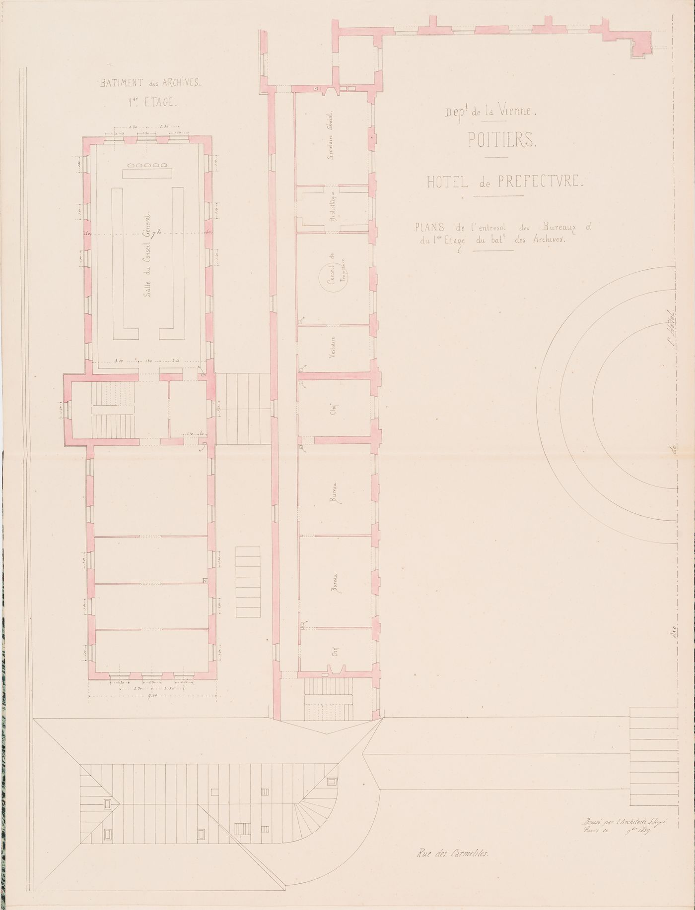 Project for a Hôtel de préfecture, Poitiers: Plans for the "entresol" for the offices and the first floor for the Archives building