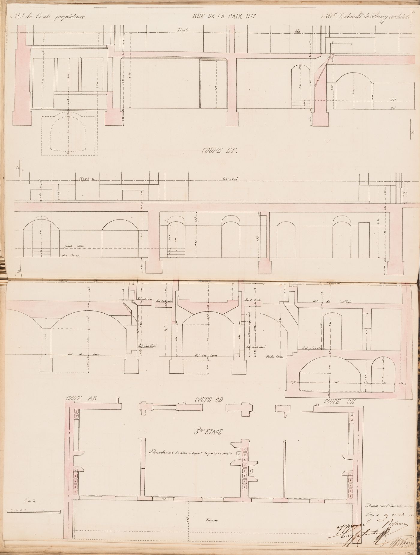 Contract drawing for the Hôtel du Timbre for Monsieur Le Comte, 7 rue de la Paix, Paris: Five partial sections, mainly for the "soubassement", and a plan for the "3e étage"