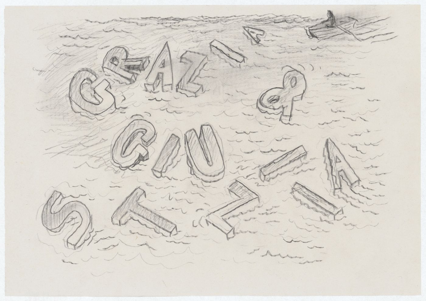 Drawing of the installation once thrown in the sea for Grazia & Giustizia