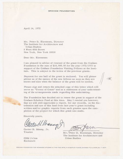 Letter from Carter H. Manny Jr. to Peter D. Eisenman about renewal of a grant from the Graham Foundation