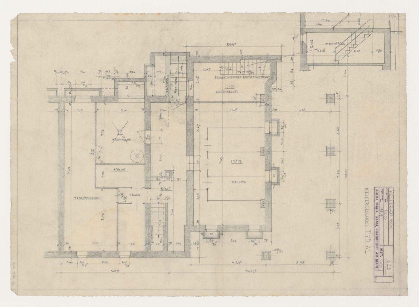 Basement plan and section for a type AL housing unit, Hellerhof Housing Estate, Frankfurt am Main, Germany