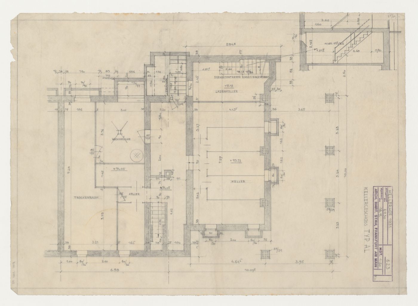 Basement plan and section for a type AL housing unit, Hellerhof Housing Estate, Frankfurt am Main, Germany