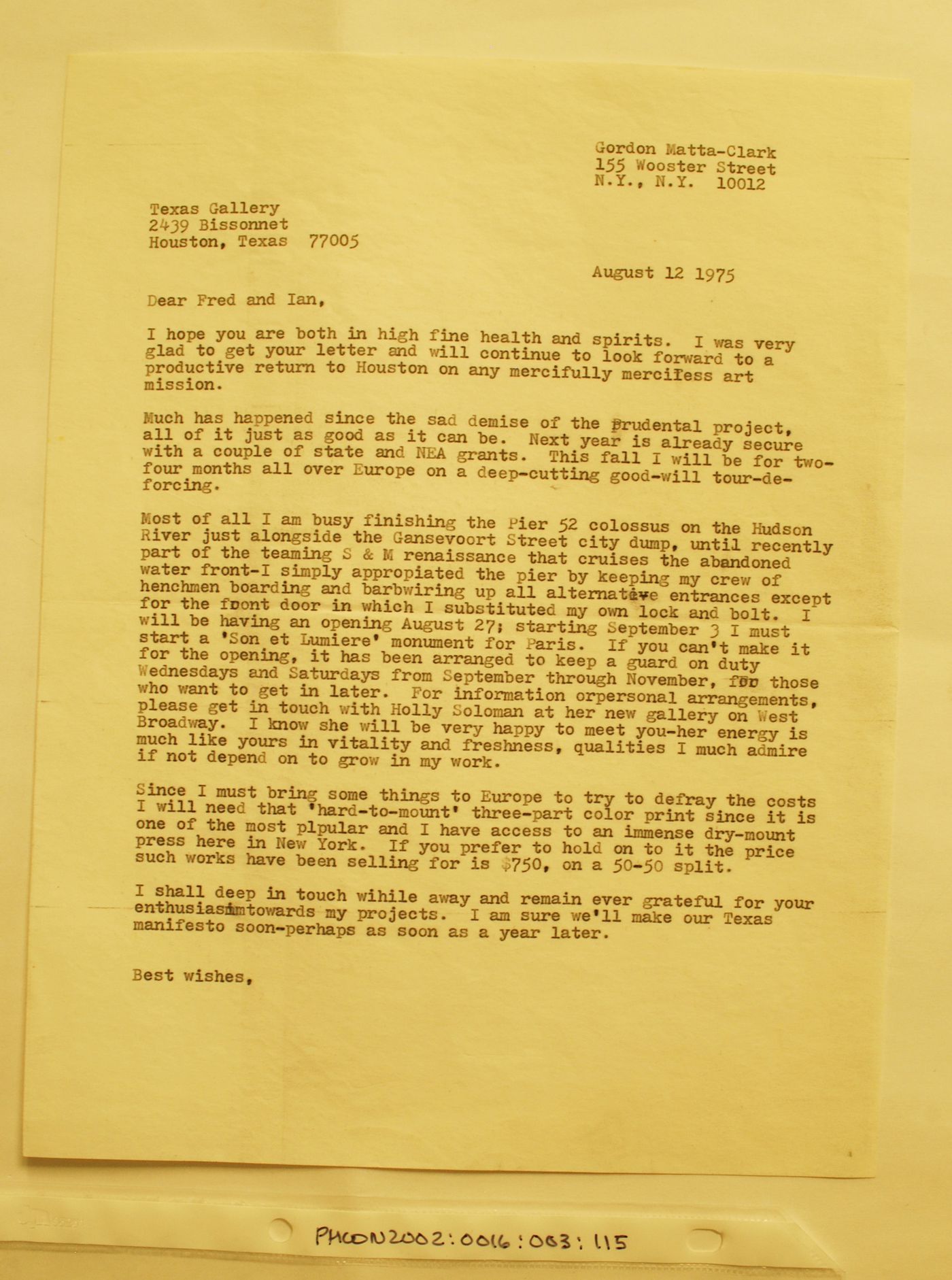 Letter from Gordon Matta-Clark to Fred [probably Fredericka Hunter] and Ian Glennie