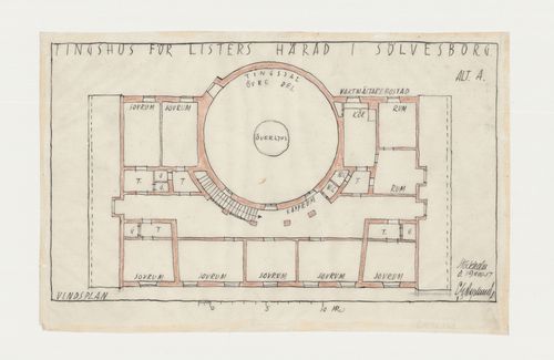 Second floor plan for Lister härads tingshus showing a circular courtroom, Sölvesborg, Sweden