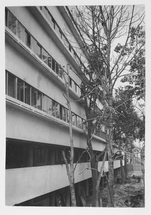 Partial view of the garden façade of the People's Commissariat for Finance (Narkomfin) Apartment Building, 25 Novinskii Boulevard, Moscow