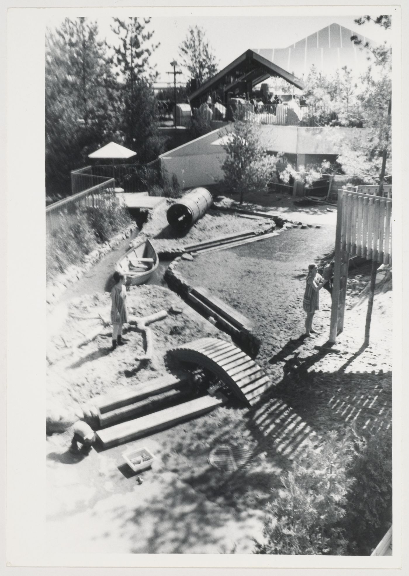 View of children playing at Children's Creative Centre Playground, Canadian Federal Pavilion, Expo '67, Montréal, Québec