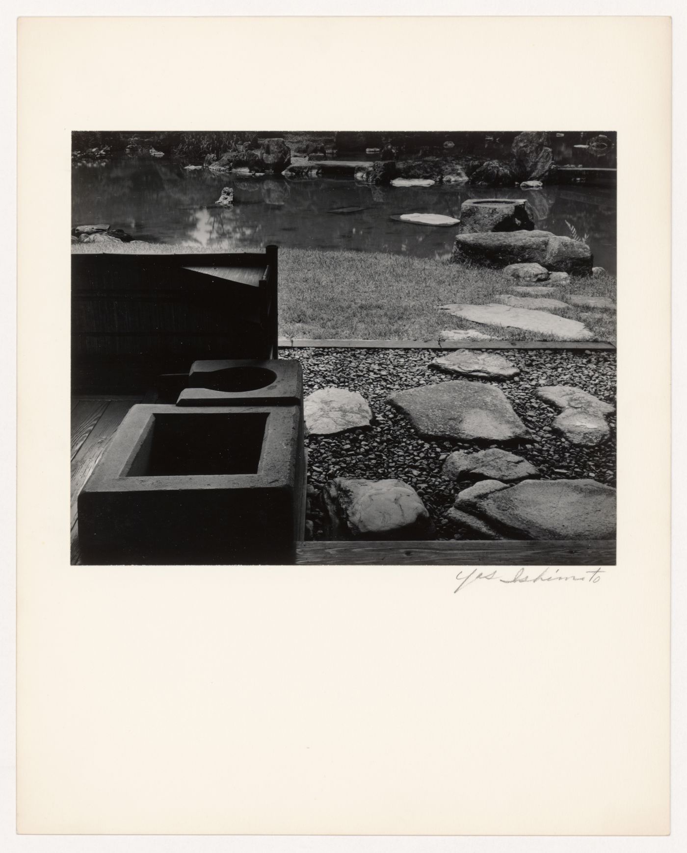 View of the Pantry (also known as the Preparation Space for the Tea Ceremony) of the Shokintei and Amanohashidate showing hearths, stepping-stones, the pond and stone footbridges, Katsura Rikyu (also known as Katsura Imperial Villa), Kyoto, Japan