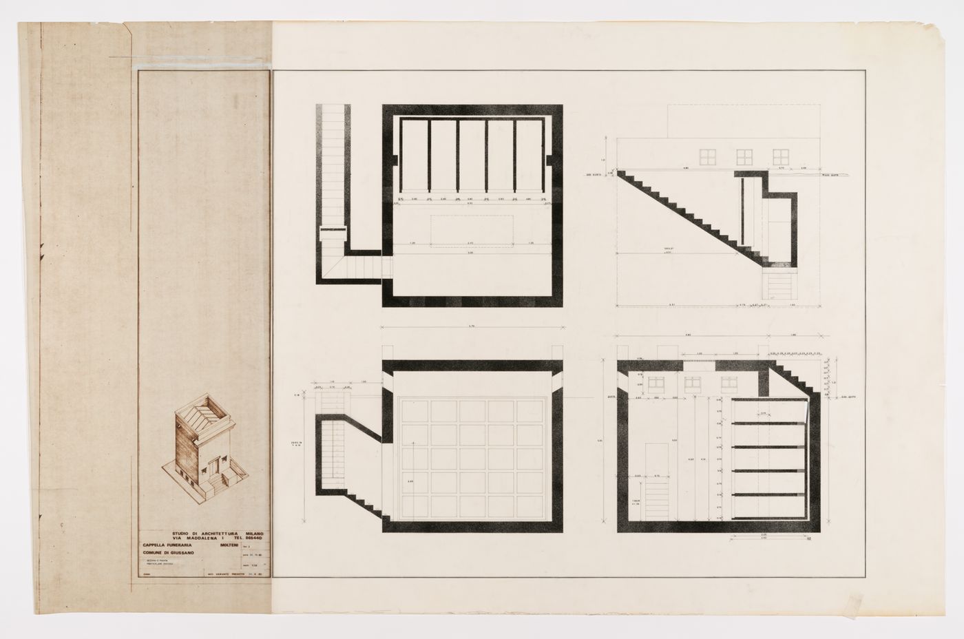 Sections, plan, and detail of plinth (Sezioni e pianta, particolare zoccolo), Cappella funeraria Molteni, Giussano, Italy