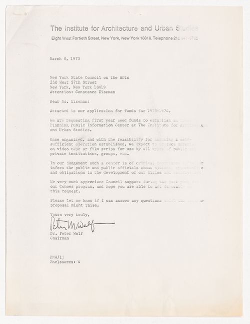 Letter from Peter Wolf to Constance Eiseman with attached application for funds from the New York State Council on the Arts (NYSCA) for 1973-1974