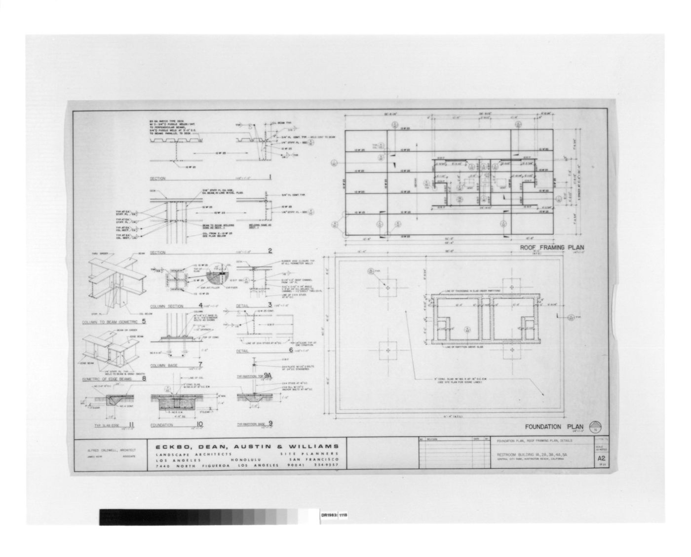 Foundation plan and roof framing plan for the Bathroom Pavilions with sections and isometric drawings for columns and beams, Huntington Central Park, Huntington Beach, California