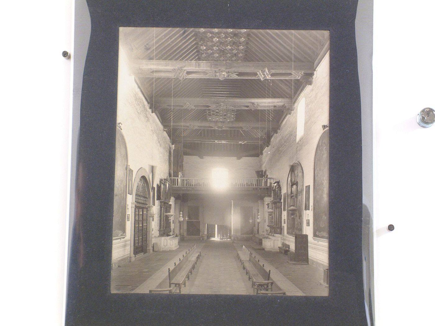 Interior view of the Iglesia Asunción de Nuestra Señora looking towards the organ loft and showing the wooden ceiling of the nave, Convento de San Francisco, Tlaxcala de Xicohténcatl, Mexico