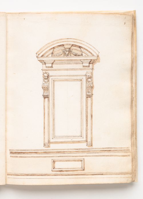 Elevation of window from the upper floor courtyard façade of the Palazzo Farnese, Rome; verso: Two bands of the frieze from Trajan's Column, Rome