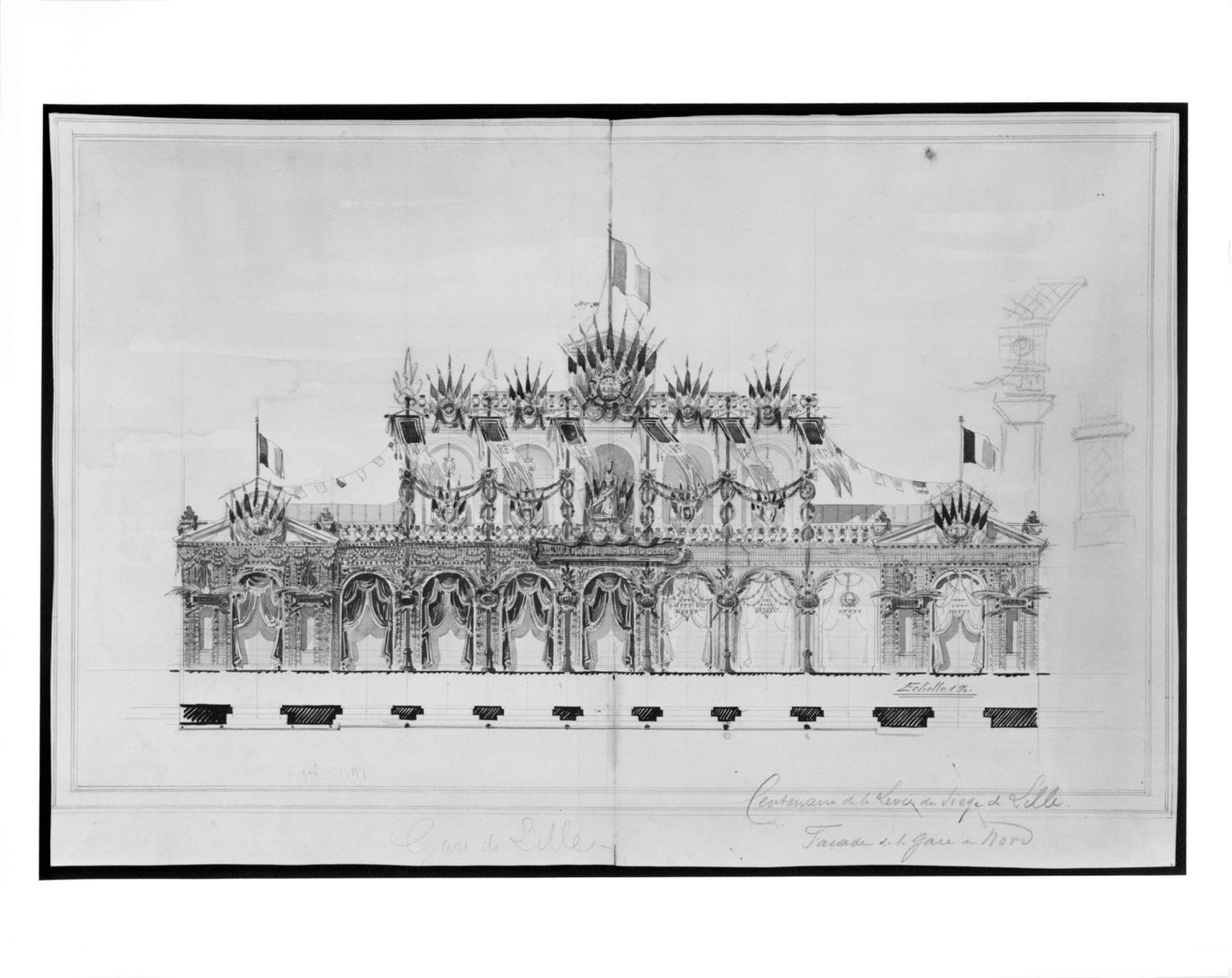 Decorations for facade of Gare du Nord, Lille - plan & elev
