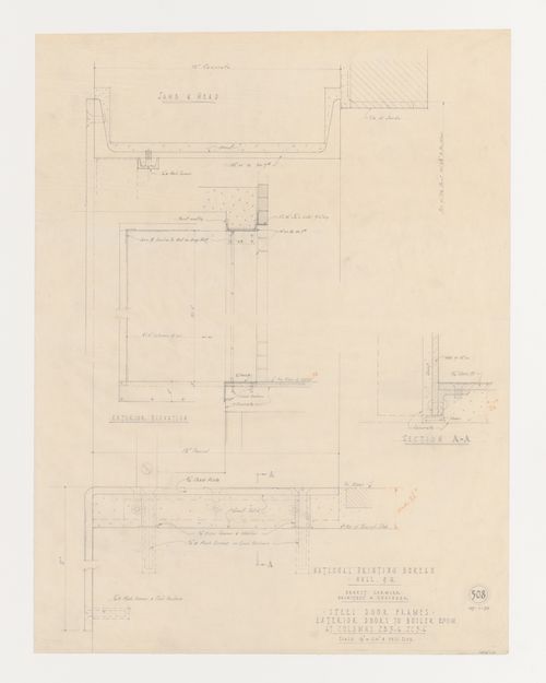 Élévations, coupes et détails des cadres de porte extérieure de la chaufferie, Imprimerie Nationale du Canada, Hull, Québec, Canada