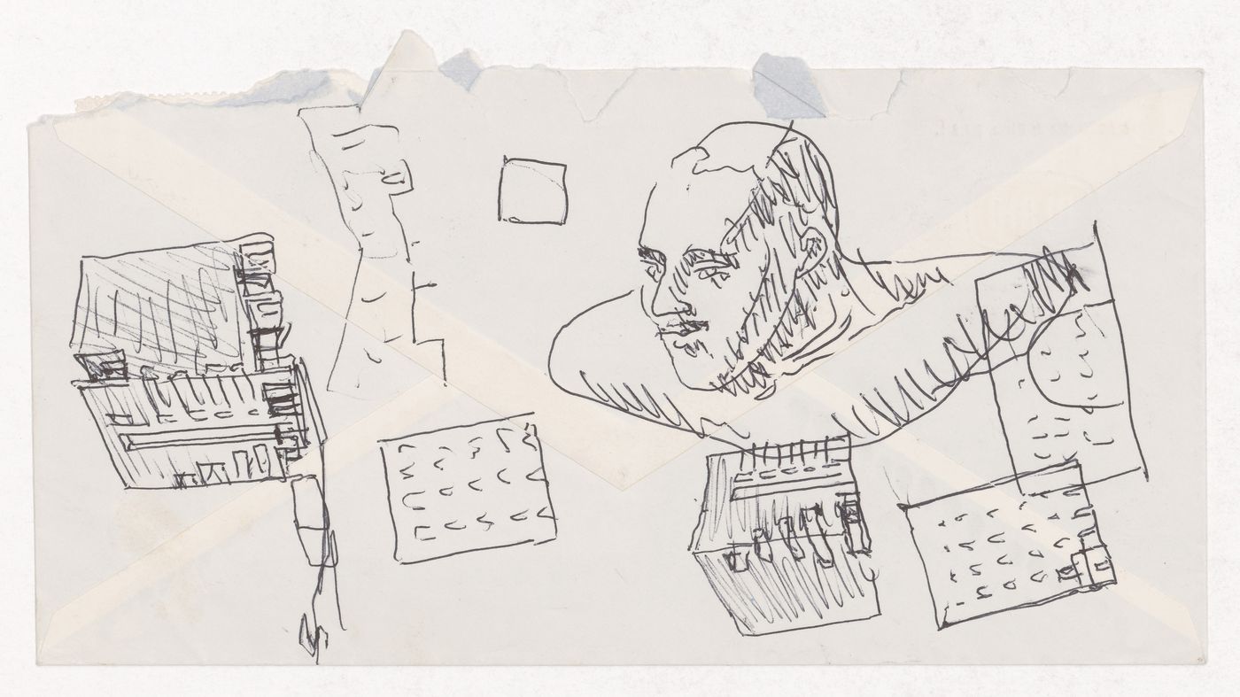 Sketch perspectives and elevations with human figure for Blocke 70 und 89, Kreuzberg, Fränkelufer, Berlin, Germany; verso: Sketch elevations with notes for Blocke 70 und 89, Kreuzberg, Fränkelufer, Berlin, Germany