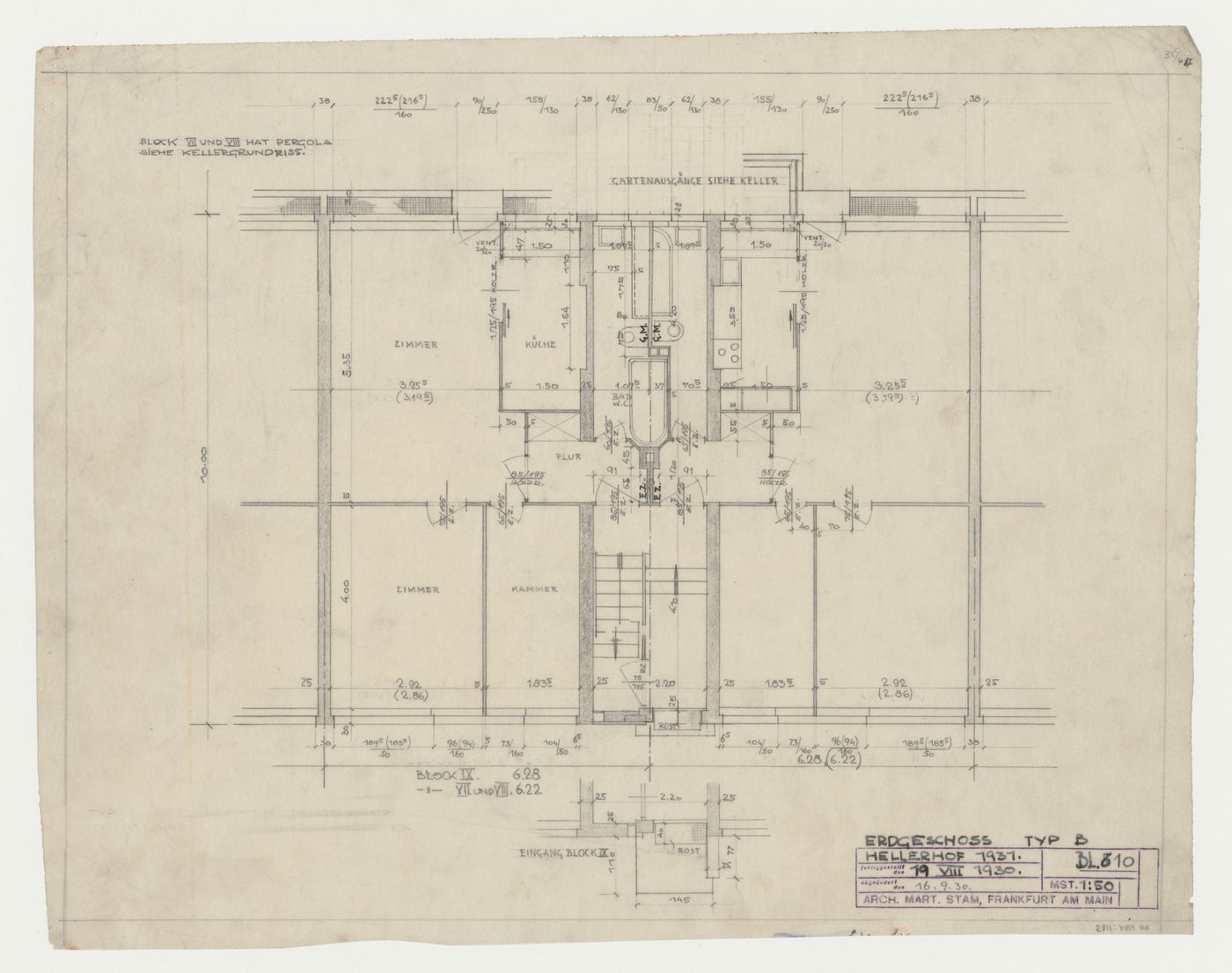 Ground floor plan and partial ground floor plan for a type B housing unit, Hellerhof Housing Estate, Frankfurt am Main, Germany