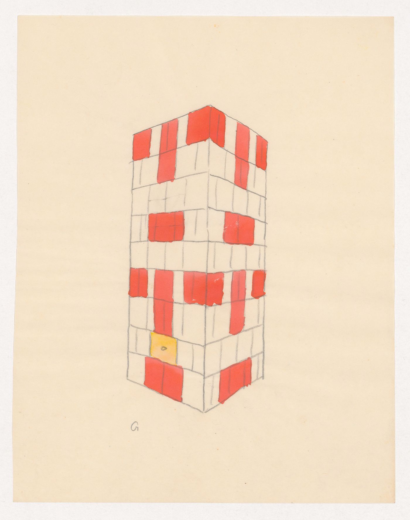 Perspective sketch for a tiled stove decorated with a red geometric pattern