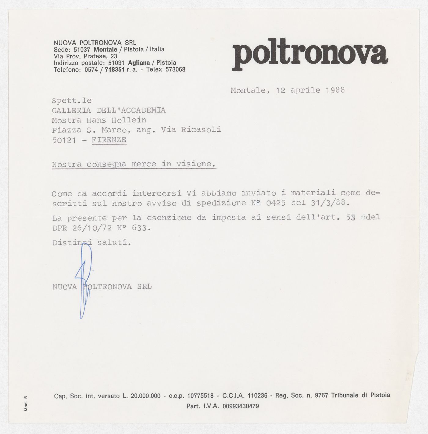 Correspondence and a way bill for the exhibition Hans Hollein. Opere 1960-1988