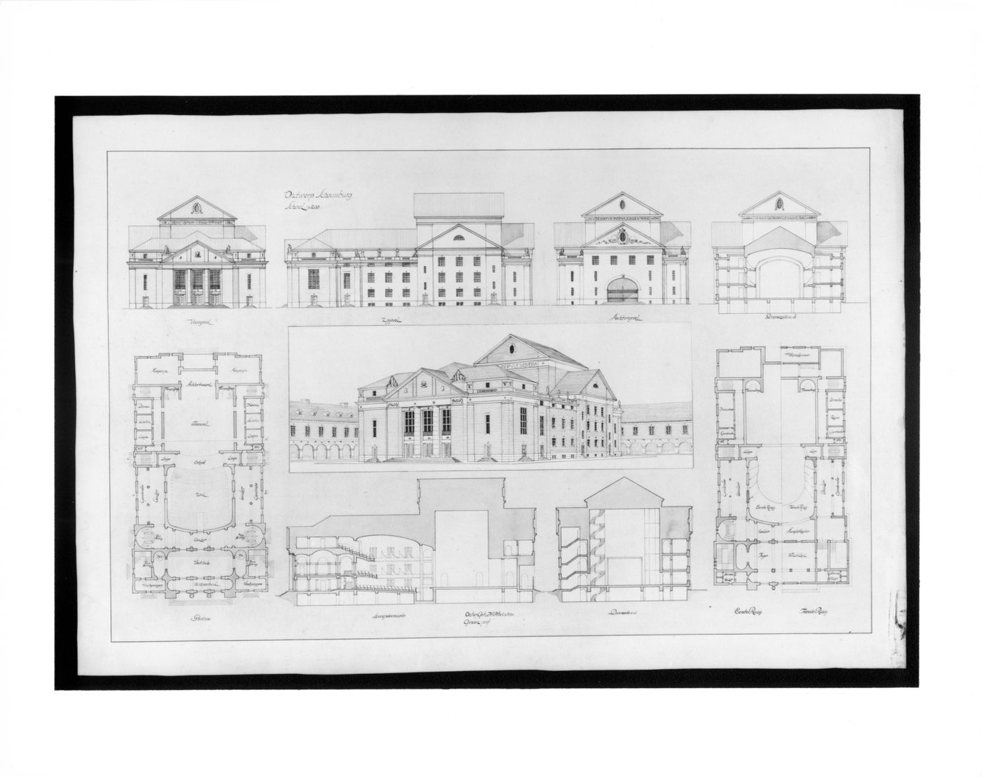 Student presentation drawing showing plans, sections, elevations and perspective for a theatre, Technische Hogeschool Delft, Netherlands