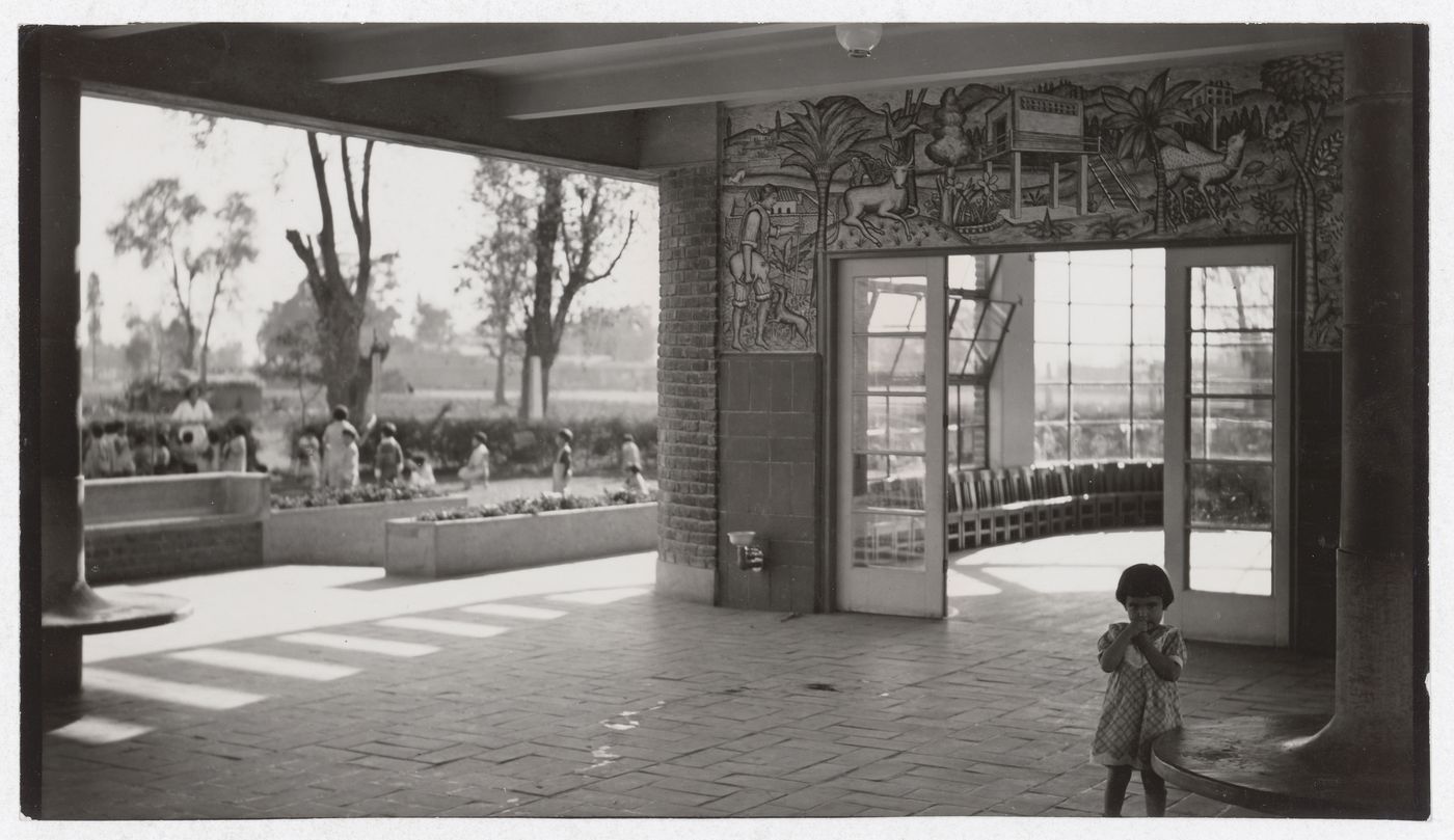 View from the covered playspace, showing the playroom, garden and frescoes by Cecil O'Gorman, 9 Hogar Infantil
