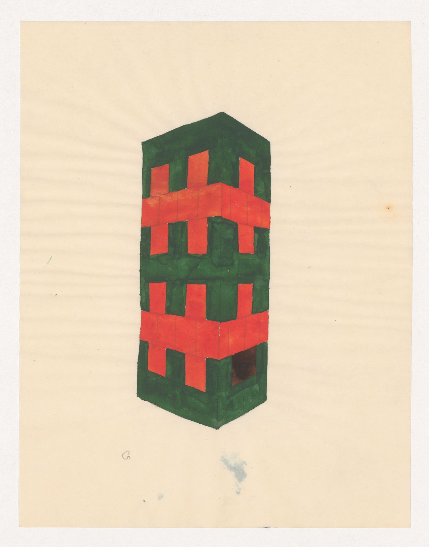 Perspective sketch for a green and orange tiled stove