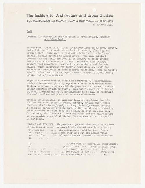 Memorandum from Stanford Anderson and Anthony Vidler to the Fellows with attached revised proposal for a magazine