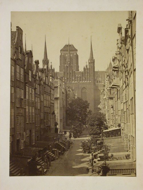 View of St. Mary's cathedral through Mariacka street, Danzig, Germany, now Gdansk, Poland.