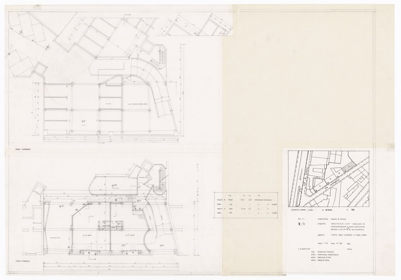 Basement and ground floor plans for Edificio per abitazioni in via Conchetta, Milan, Italy