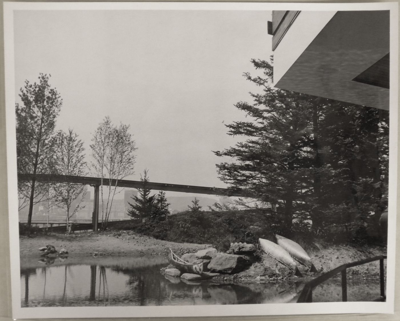 View of the landscape design at the Indians of Canada Pavilion, Expo 67, Montréal, Québec