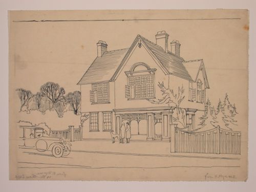 Perspectival view showing a house