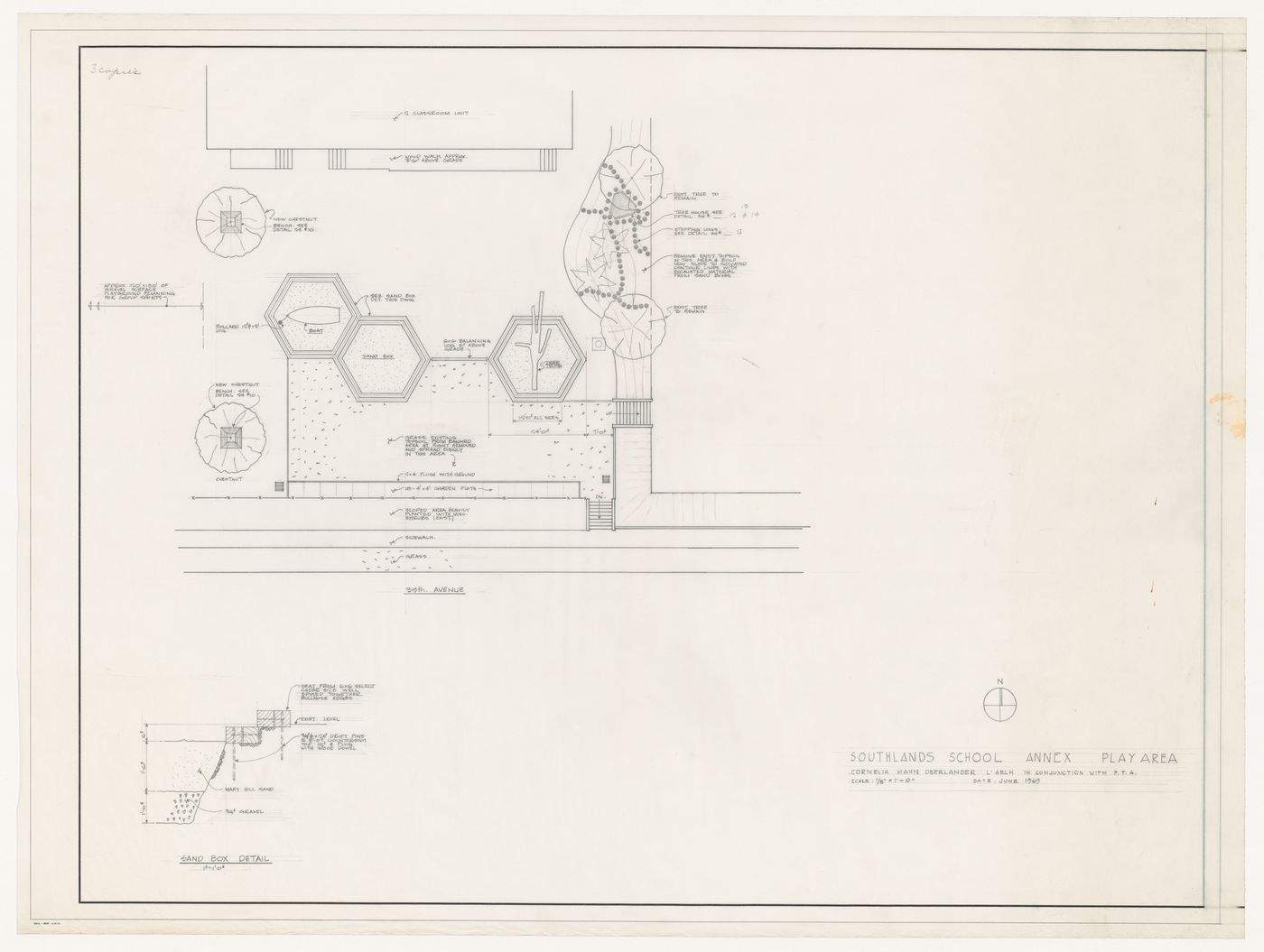 Site plan and detail for sandbox for Southlands School Play Area, Vancouver, British Columbia