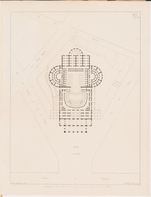 Project for an opera house for the Théâtre impérial de l'opéra: Site plan showing a ground floor plan