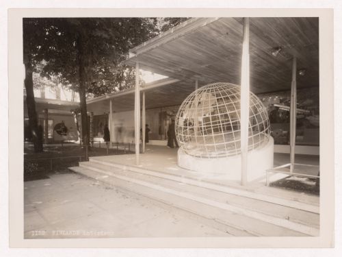 Partial view of Finland's pavilion showing a portico and sculpture, 1937 Exposition internationale, Paris, France