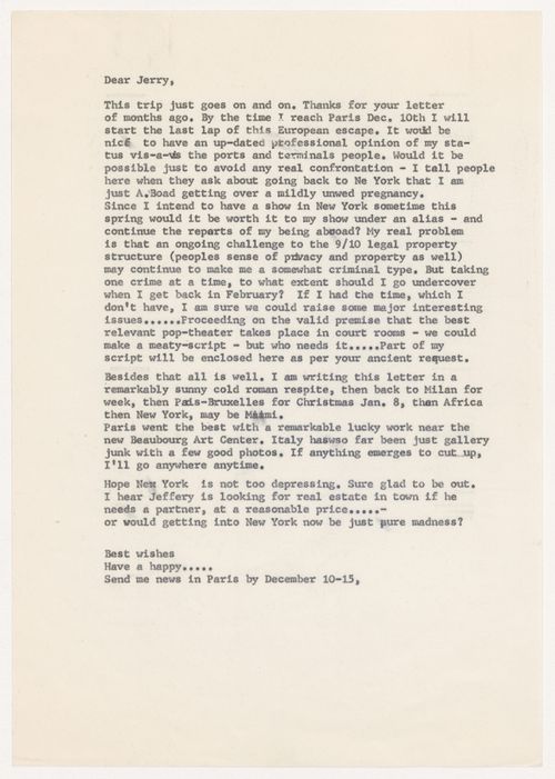 Letter from Gordon Matta-Clark to Jerry [Jerald Ordover ?]