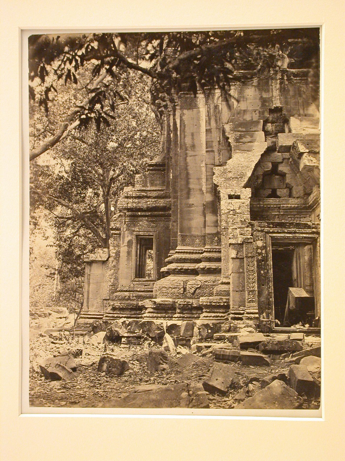 Partial view of the ruins of the `Utthayan Prawattisat Phimai (also known as Prasat Hin Phimai) temple, Phimai, Nakhon Ratchasima  Province (also known as Khorat Province), Siam (now Thailand)