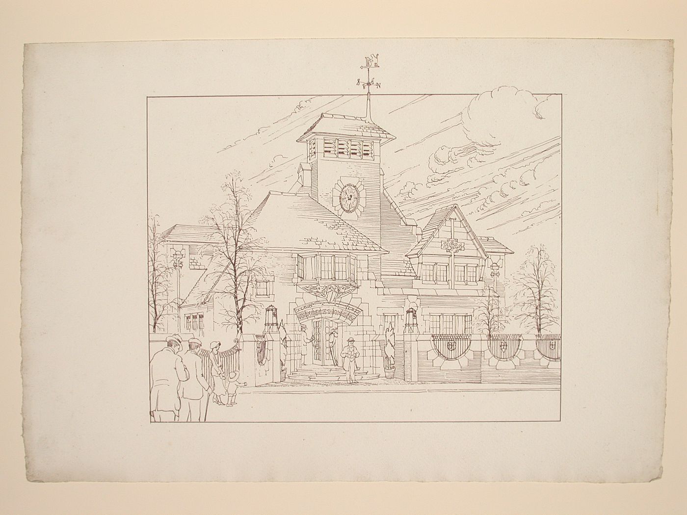 Perspectival view showing the front façade of the proposed reference library, Battersea Borough