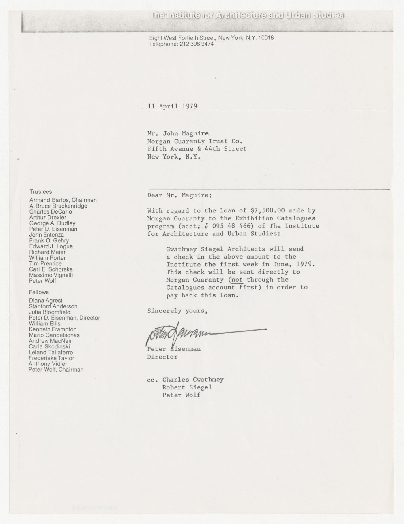 Letter from Peter D. Eisenman to John Maguire about repayment of loan to the Exhibition Catalogues program