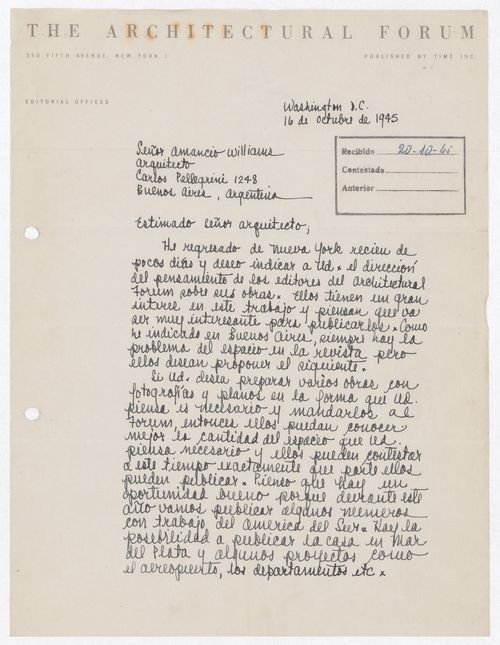Correspondence, letter to Amancio Williams from Chloethiel Woodard Smith