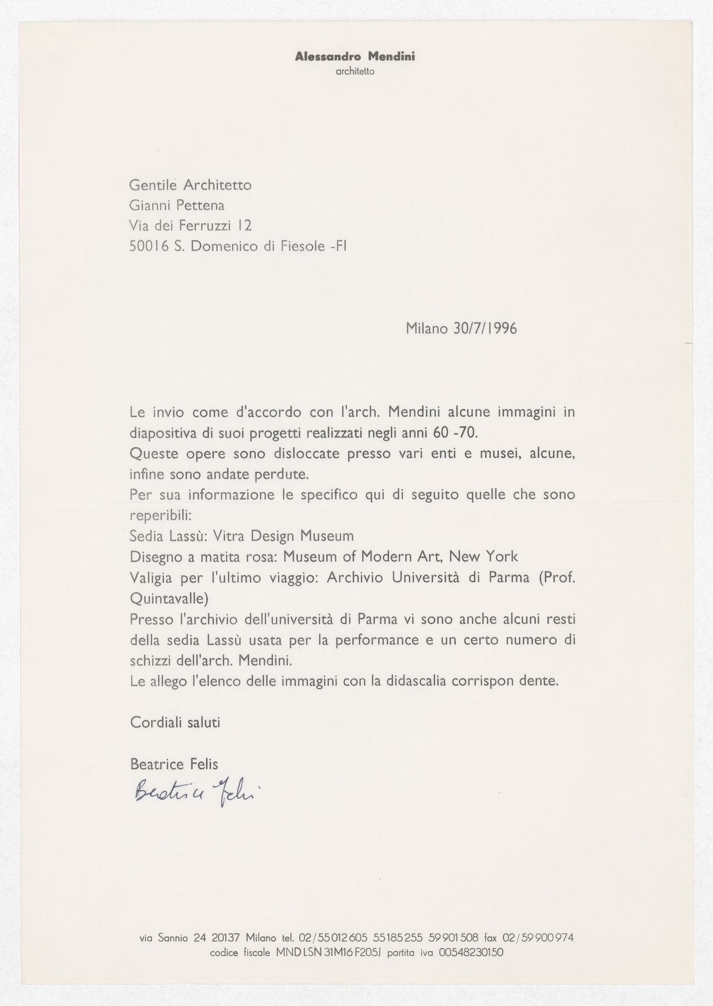 Correspondence and image captions from Beatrice Felis on behalf of Alessandro Mendini related to the exhibition Radicals. Architecttura e Design 1960-1975