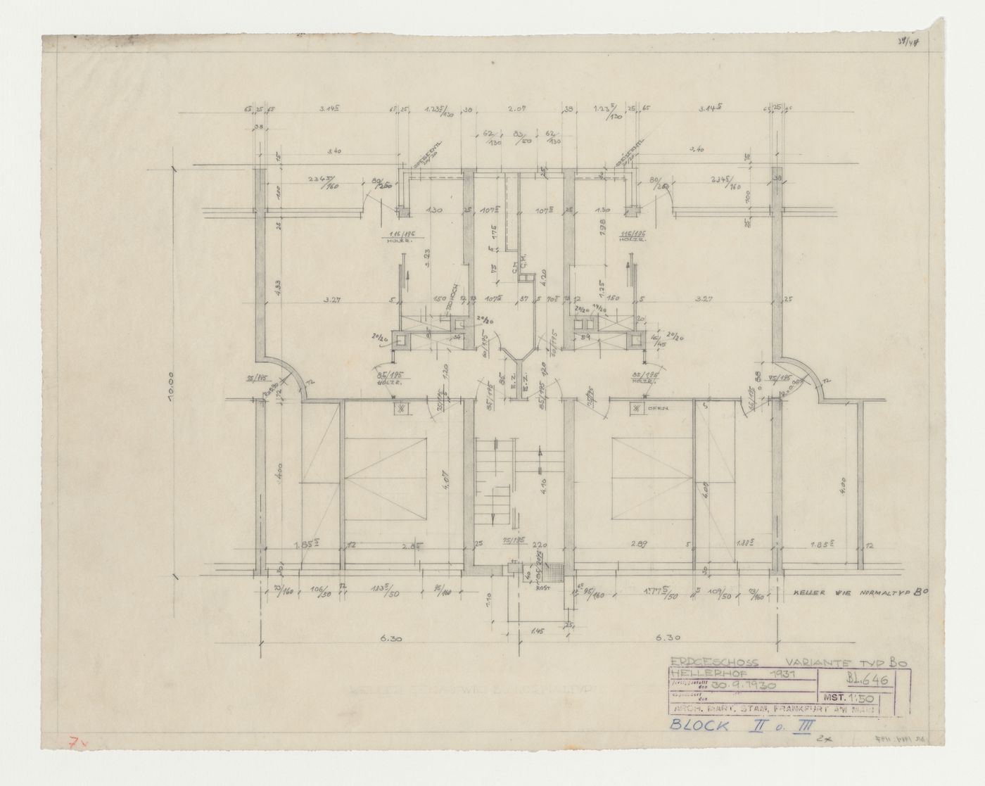 Ground floor plan for type BO housing units, Hellerhof Housing Estate, Frankfurt am Main, Germany