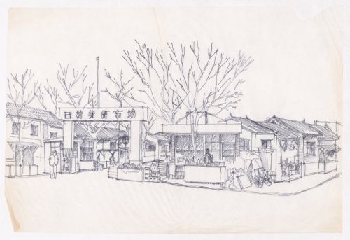 Sketch of a town market corner with inhabitants possibly for one of the Sichuan housing project "Housing a Billion" publications