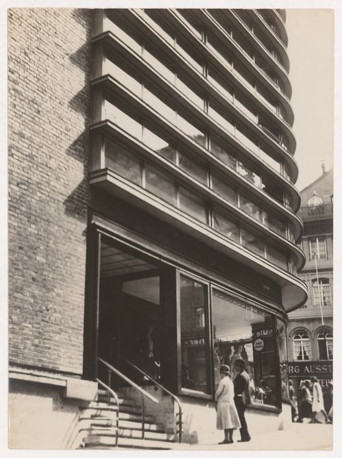 View of the lateral façade of Schocken Department Store showing a glass tower, Stuttgart, Germany