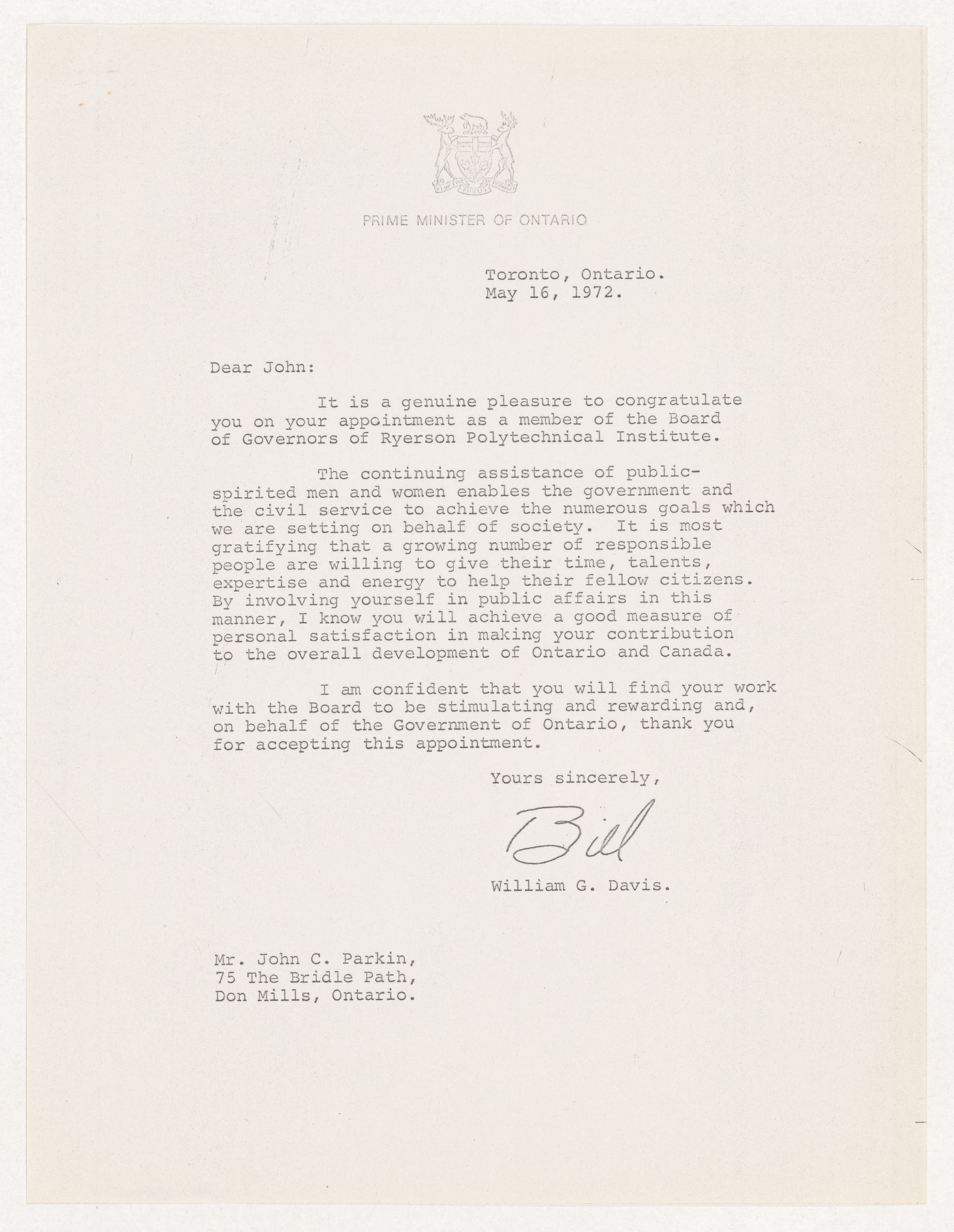 Letter from Ontario premier William G. Davis to Parkin