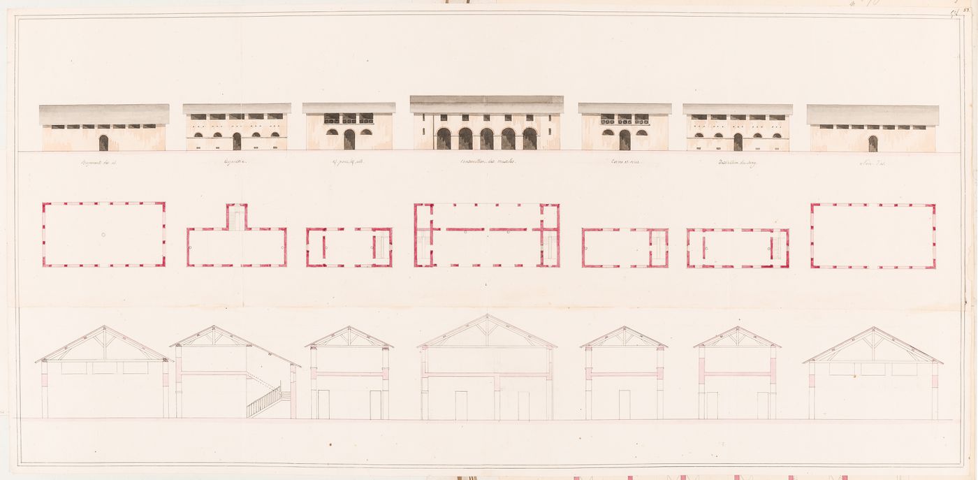 Project for Clos d'équarrissage, fôret de Bondy: Variant plans, elevations, and sections for seven buildings related to the processing of offal