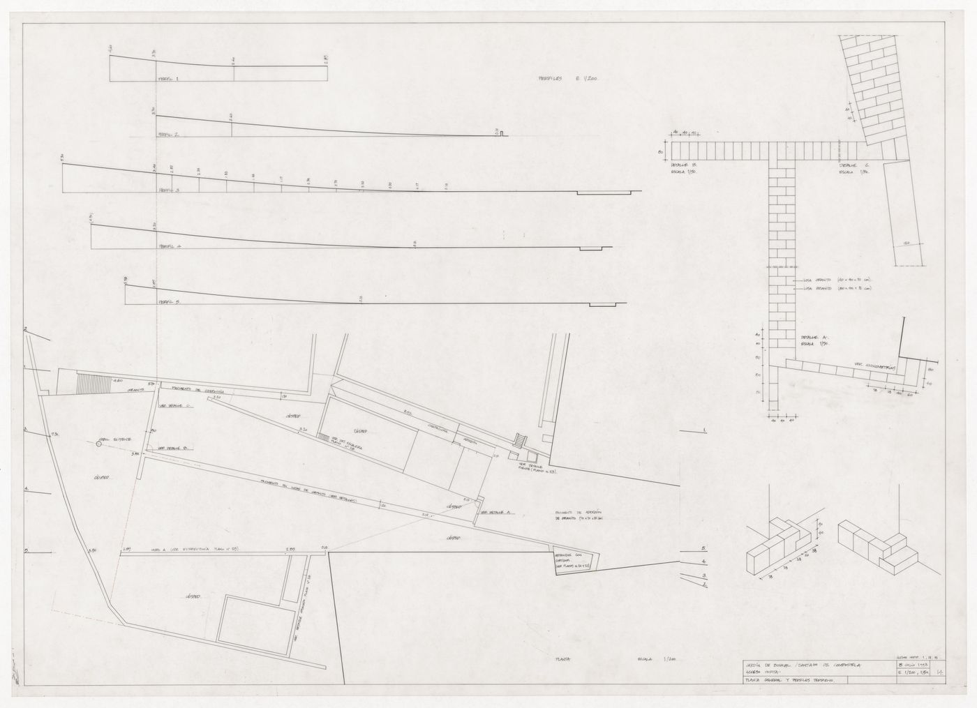 Plan, terrain profiles, and details for Parque de Santo Domingo de Bonaval, Santiago de Compostela, Spain